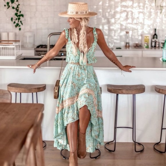 Boho floral Print Front tie Mint Crop Top gypsy - Picture 6 of 8